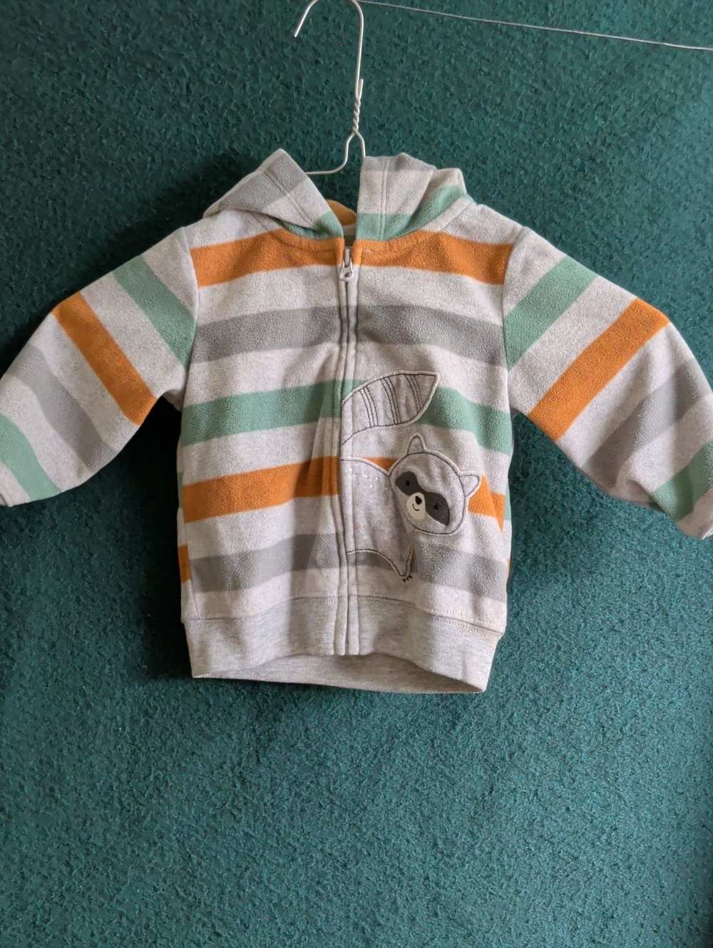 child of mine Gray Hoodie with Orange & Mint Stripes and Raccoon Patch